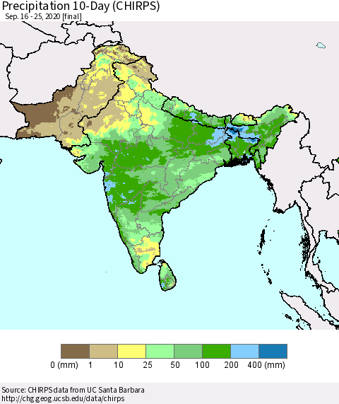 Southern Asia Precipitation 10-Day (CHIRPS) Thematic Map For 9/16/2020 - 9/25/2020