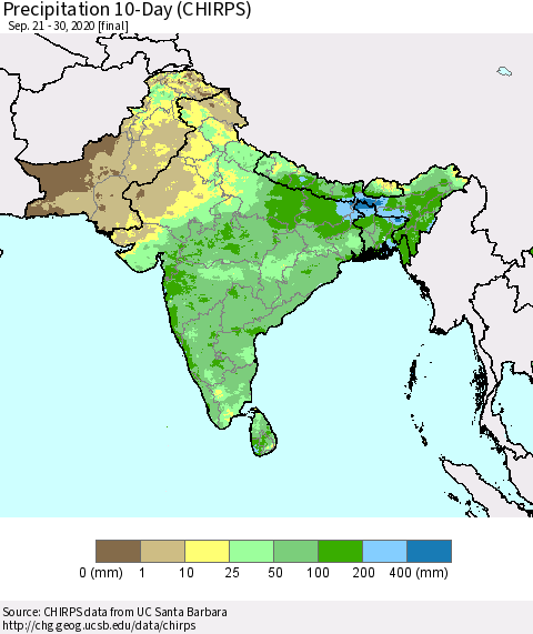 Southern Asia Precipitation 10-Day (CHIRPS) Thematic Map For 9/21/2020 - 9/30/2020