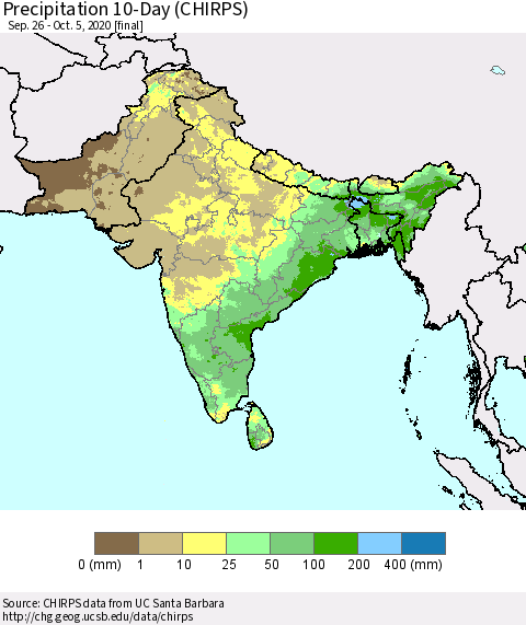 Southern Asia Precipitation 10-Day (CHIRPS) Thematic Map For 9/26/2020 - 10/5/2020