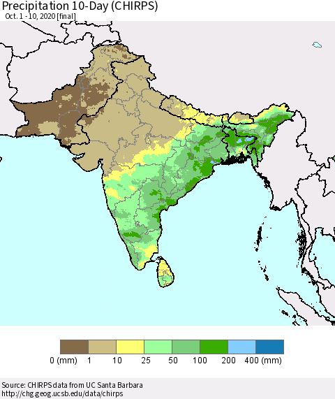Southern Asia Precipitation 10-Day (CHIRPS) Thematic Map For 10/1/2020 - 10/10/2020