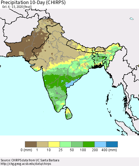Southern Asia Precipitation 10-Day (CHIRPS) Thematic Map For 10/6/2020 - 10/15/2020