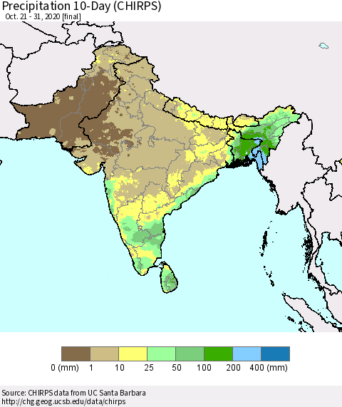 Southern Asia Precipitation 10-Day (CHIRPS) Thematic Map For 10/21/2020 - 10/31/2020
