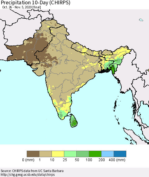 Southern Asia Precipitation 10-Day (CHIRPS) Thematic Map For 10/26/2020 - 11/5/2020
