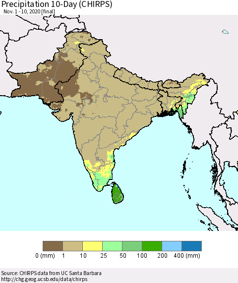 Southern Asia Precipitation 10-Day (CHIRPS) Thematic Map For 11/1/2020 - 11/10/2020