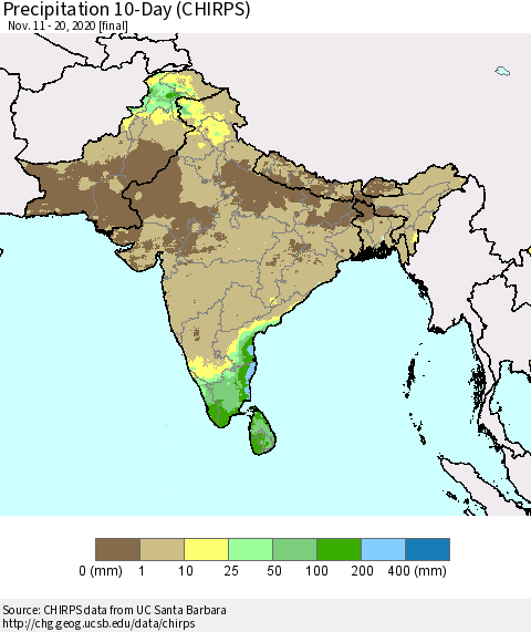 Southern Asia Precipitation 10-Day (CHIRPS) Thematic Map For 11/11/2020 - 11/20/2020