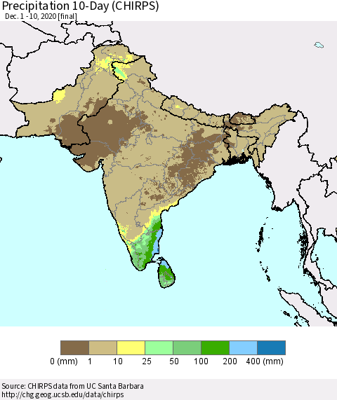 Southern Asia Precipitation 10-Day (CHIRPS) Thematic Map For 12/1/2020 - 12/10/2020
