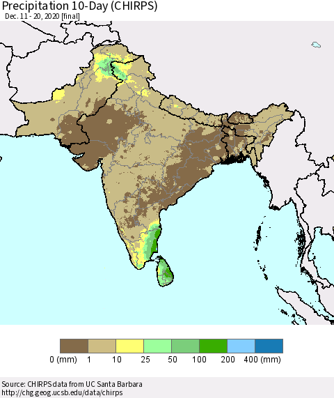 Southern Asia Precipitation 10-Day (CHIRPS) Thematic Map For 12/11/2020 - 12/20/2020