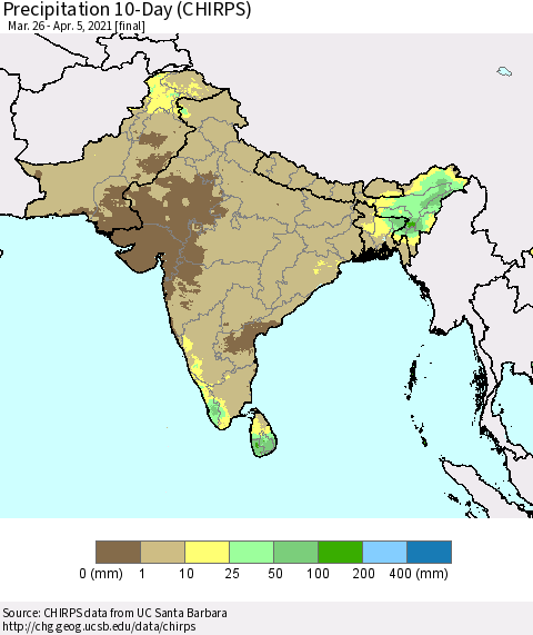 Southern Asia Precipitation 10-Day (CHIRPS) Thematic Map For 3/26/2021 - 4/5/2021