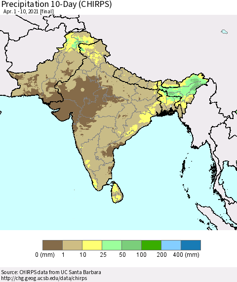 Southern Asia Precipitation 10-Day (CHIRPS) Thematic Map For 4/1/2021 - 4/10/2021