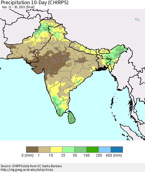 Southern Asia Precipitation 10-Day (CHIRPS) Thematic Map For 4/11/2021 - 4/20/2021