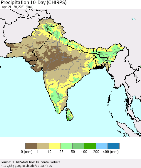 Southern Asia Precipitation 10-Day (CHIRPS) Thematic Map For 4/21/2021 - 4/30/2021