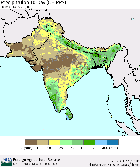 Southern Asia Precipitation 10-Day (CHIRPS) Thematic Map For 5/6/2021 - 5/15/2021