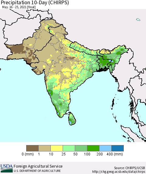 Southern Asia Precipitation 10-Day (CHIRPS) Thematic Map For 5/16/2021 - 5/25/2021