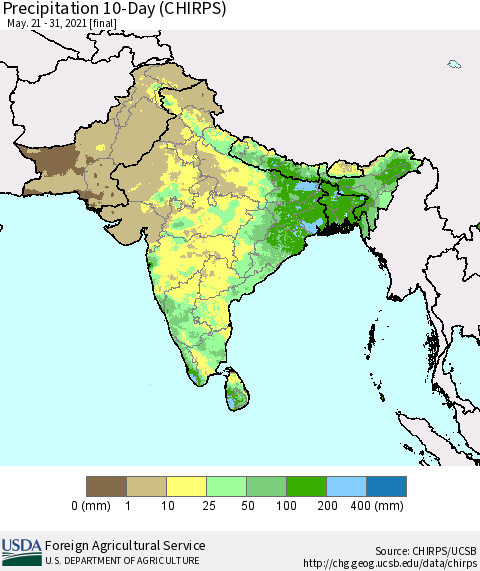 Southern Asia Precipitation 10-Day (CHIRPS) Thematic Map For 5/21/2021 - 5/31/2021
