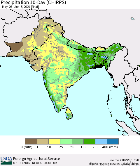 Southern Asia Precipitation 10-Day (CHIRPS) Thematic Map For 5/26/2021 - 6/5/2021