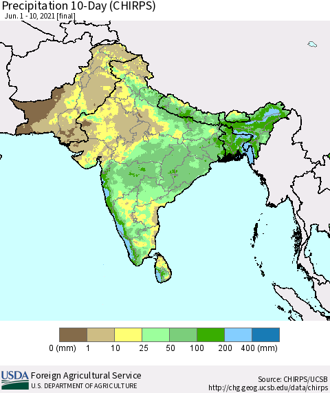 Southern Asia Precipitation 10-Day (CHIRPS) Thematic Map For 6/1/2021 - 6/10/2021