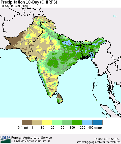 Southern Asia Precipitation 10-Day (CHIRPS) Thematic Map For 6/6/2021 - 6/15/2021