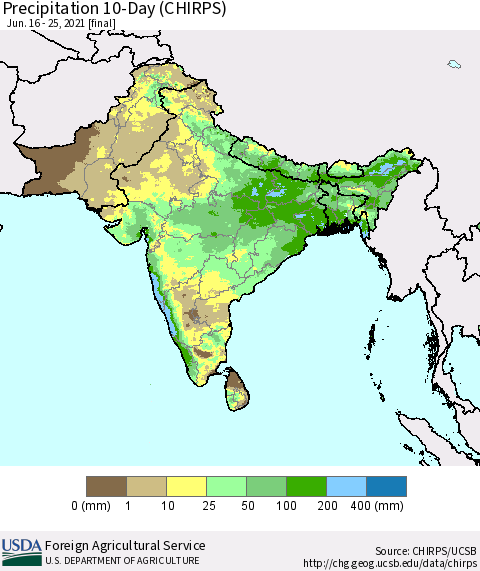 Southern Asia Precipitation 10-Day (CHIRPS) Thematic Map For 6/16/2021 - 6/25/2021