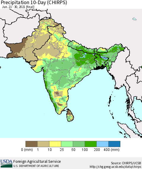 Southern Asia Precipitation 10-Day (CHIRPS) Thematic Map For 6/21/2021 - 6/30/2021