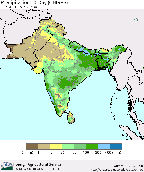 Southern Asia Precipitation 10-Day (CHIRPS) Thematic Map For 6/26/2021 - 7/5/2021