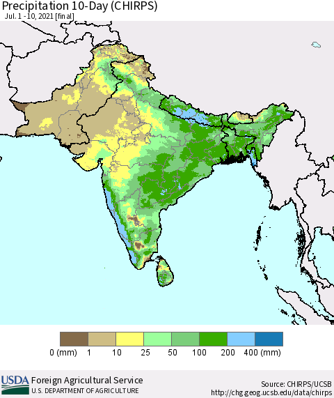 Southern Asia Precipitation 10-Day (CHIRPS) Thematic Map For 7/1/2021 - 7/10/2021