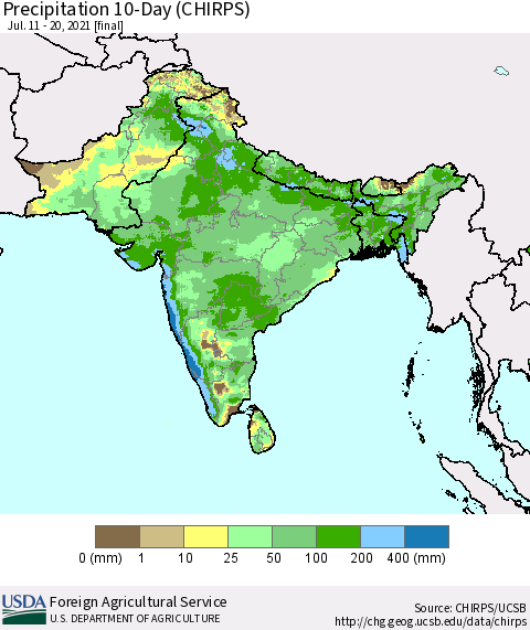Southern Asia Precipitation 10-Day (CHIRPS) Thematic Map For 7/11/2021 - 7/20/2021
