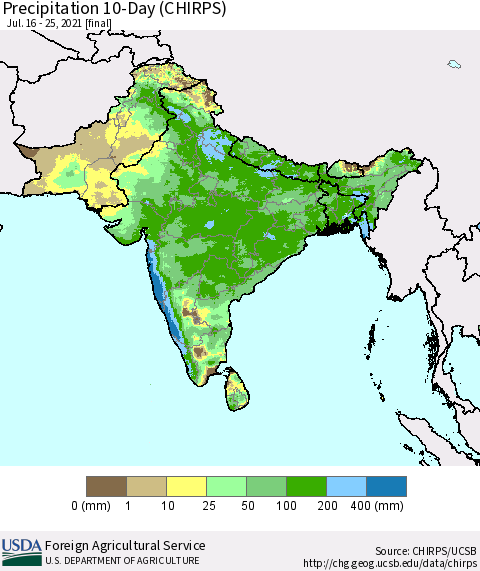 Southern Asia Precipitation 10-Day (CHIRPS) Thematic Map For 7/16/2021 - 7/25/2021