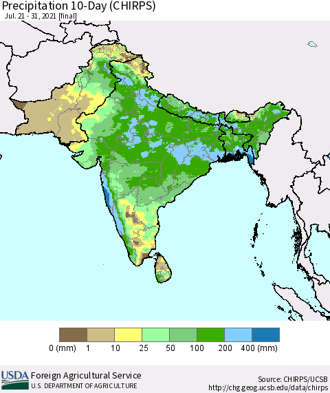 Southern Asia Precipitation 10-Day (CHIRPS) Thematic Map For 7/21/2021 - 7/31/2021