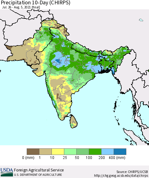 Southern Asia Precipitation 10-Day (CHIRPS) Thematic Map For 7/26/2021 - 8/5/2021