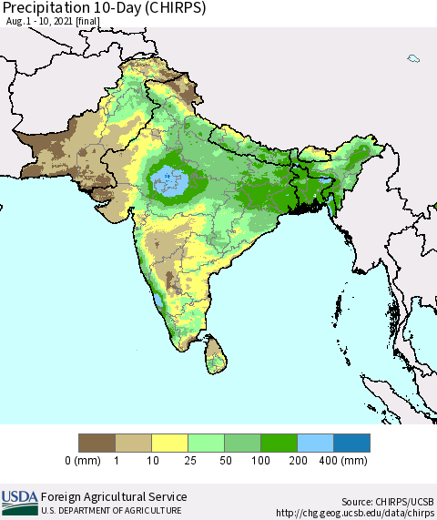 Southern Asia Precipitation 10-Day (CHIRPS) Thematic Map For 8/1/2021 - 8/10/2021