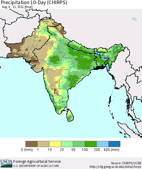 Southern Asia Precipitation 10-Day (CHIRPS) Thematic Map For 8/6/2021 - 8/15/2021