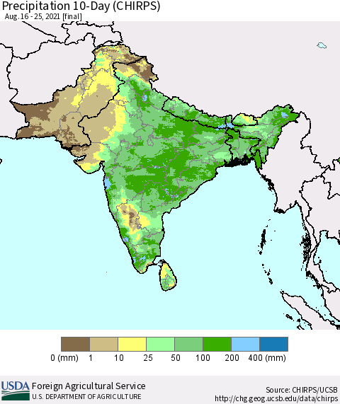 Southern Asia Precipitation 10-Day (CHIRPS) Thematic Map For 8/16/2021 - 8/25/2021