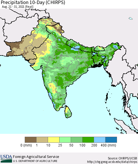 Southern Asia Precipitation 10-Day (CHIRPS) Thematic Map For 8/21/2021 - 8/31/2021