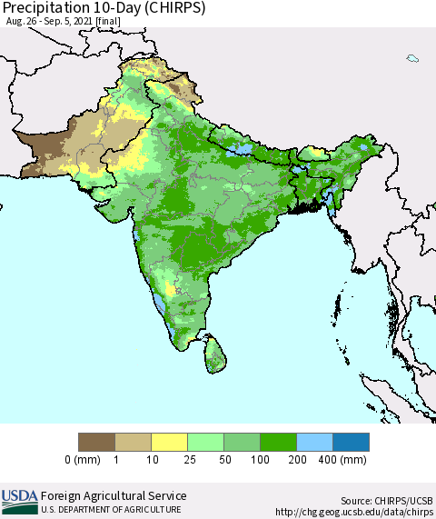 Southern Asia Precipitation 10-Day (CHIRPS) Thematic Map For 8/26/2021 - 9/5/2021