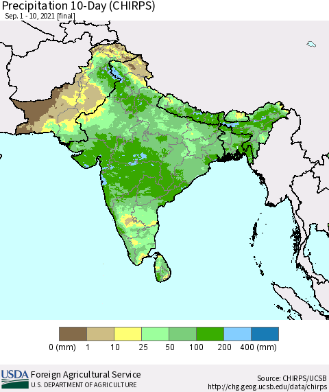 Southern Asia Precipitation 10-Day (CHIRPS) Thematic Map For 9/1/2021 - 9/10/2021