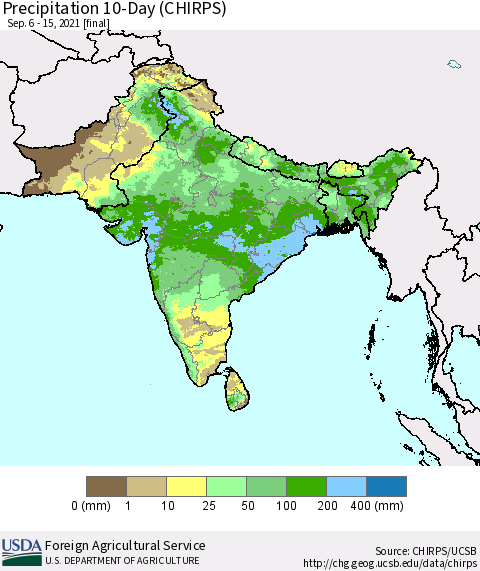 Southern Asia Precipitation 10-Day (CHIRPS) Thematic Map For 9/6/2021 - 9/15/2021