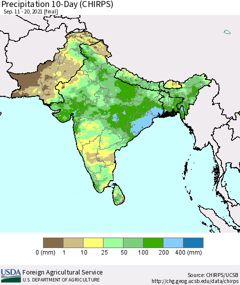 Southern Asia Precipitation 10-Day (CHIRPS) Thematic Map For 9/11/2021 - 9/20/2021