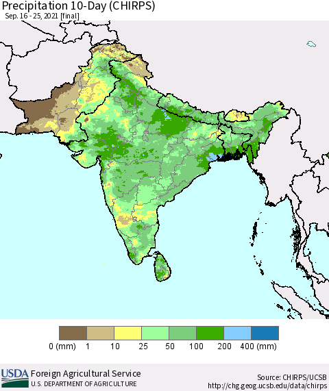 Southern Asia Precipitation 10-Day (CHIRPS) Thematic Map For 9/16/2021 - 9/25/2021