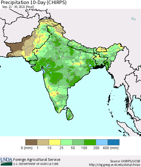 Southern Asia Precipitation 10-Day (CHIRPS) Thematic Map For 9/21/2021 - 9/30/2021
