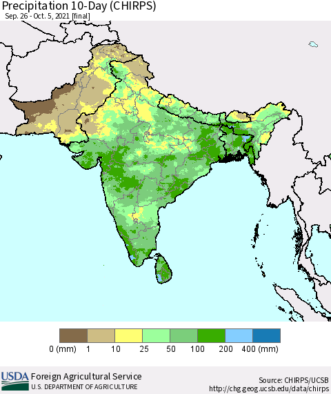 Southern Asia Precipitation 10-Day (CHIRPS) Thematic Map For 9/26/2021 - 10/5/2021