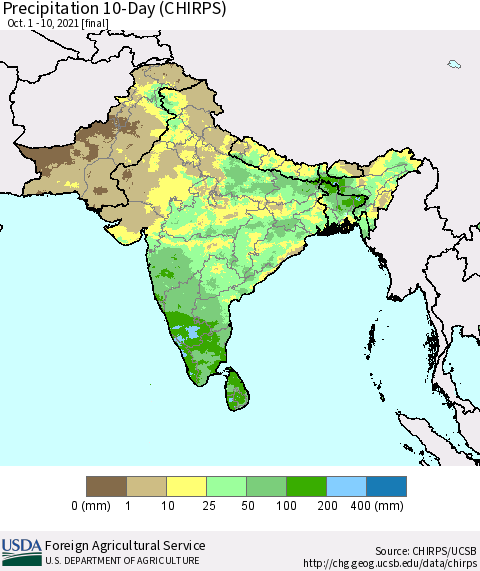 Southern Asia Precipitation 10-Day (CHIRPS) Thematic Map For 10/1/2021 - 10/10/2021