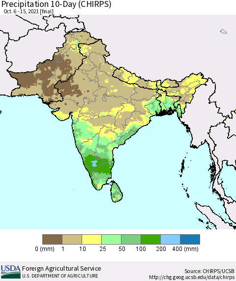 Southern Asia Precipitation 10-Day (CHIRPS) Thematic Map For 10/6/2021 - 10/15/2021
