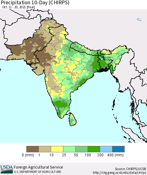 Southern Asia Precipitation 10-Day (CHIRPS) Thematic Map For 10/11/2021 - 10/20/2021