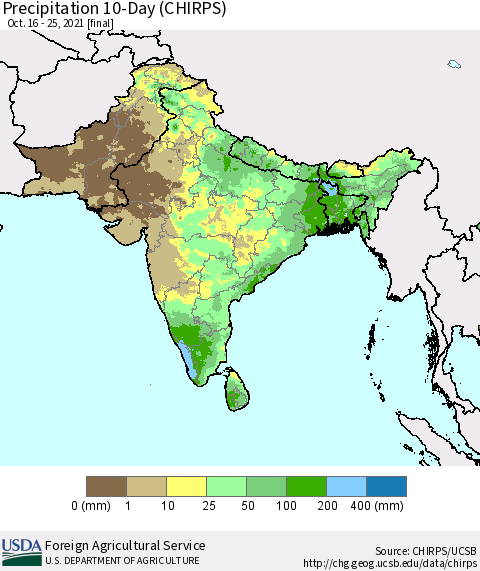 Southern Asia Precipitation 10-Day (CHIRPS) Thematic Map For 10/16/2021 - 10/25/2021