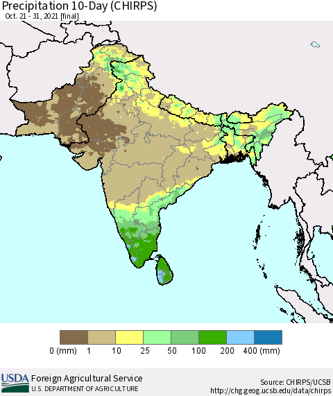 Southern Asia Precipitation 10-Day (CHIRPS) Thematic Map For 10/21/2021 - 10/31/2021