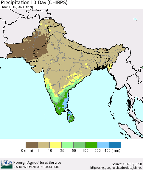 Southern Asia Precipitation 10-Day (CHIRPS) Thematic Map For 11/1/2021 - 11/10/2021