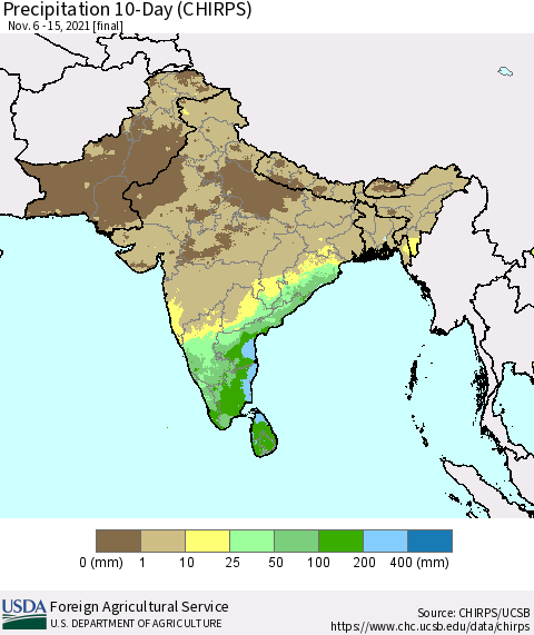 Southern Asia Precipitation 10-Day (CHIRPS) Thematic Map For 11/6/2021 - 11/15/2021