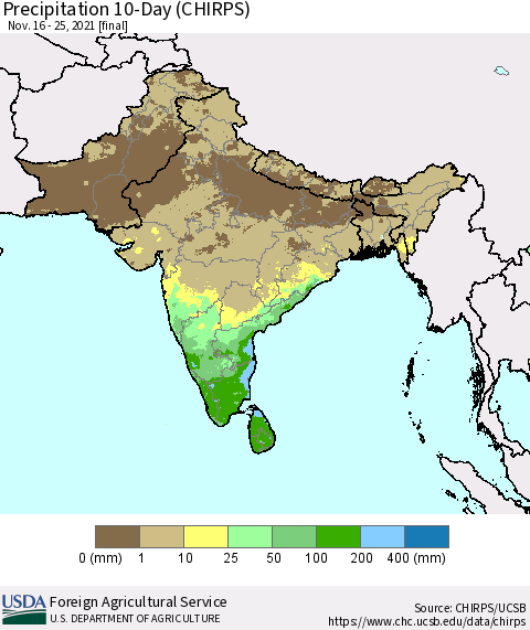Southern Asia Precipitation 10-Day (CHIRPS) Thematic Map For 11/16/2021 - 11/25/2021