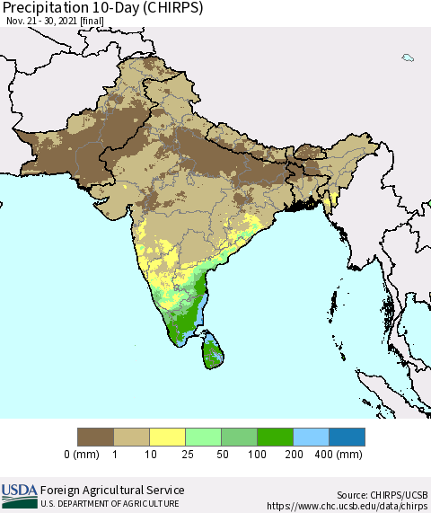 Southern Asia Precipitation 10-Day (CHIRPS) Thematic Map For 11/21/2021 - 11/30/2021