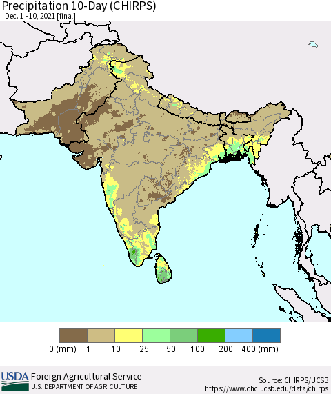 Southern Asia Precipitation 10-Day (CHIRPS) Thematic Map For 12/1/2021 - 12/10/2021